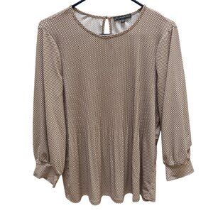 Adrianna Papell Women’s Top Blouse Long Sleeve Beige with White Dots Size L